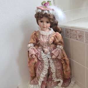 Elegant Victorian Doll with Pink and Cream Dress, Vintage Porcelain